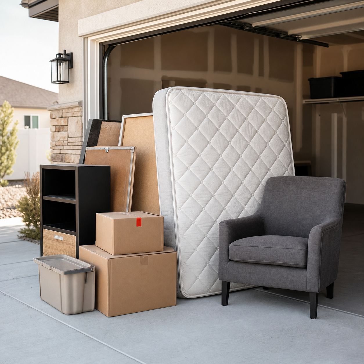 Mattress, boxes, chair, and household items staged for garage cleanout