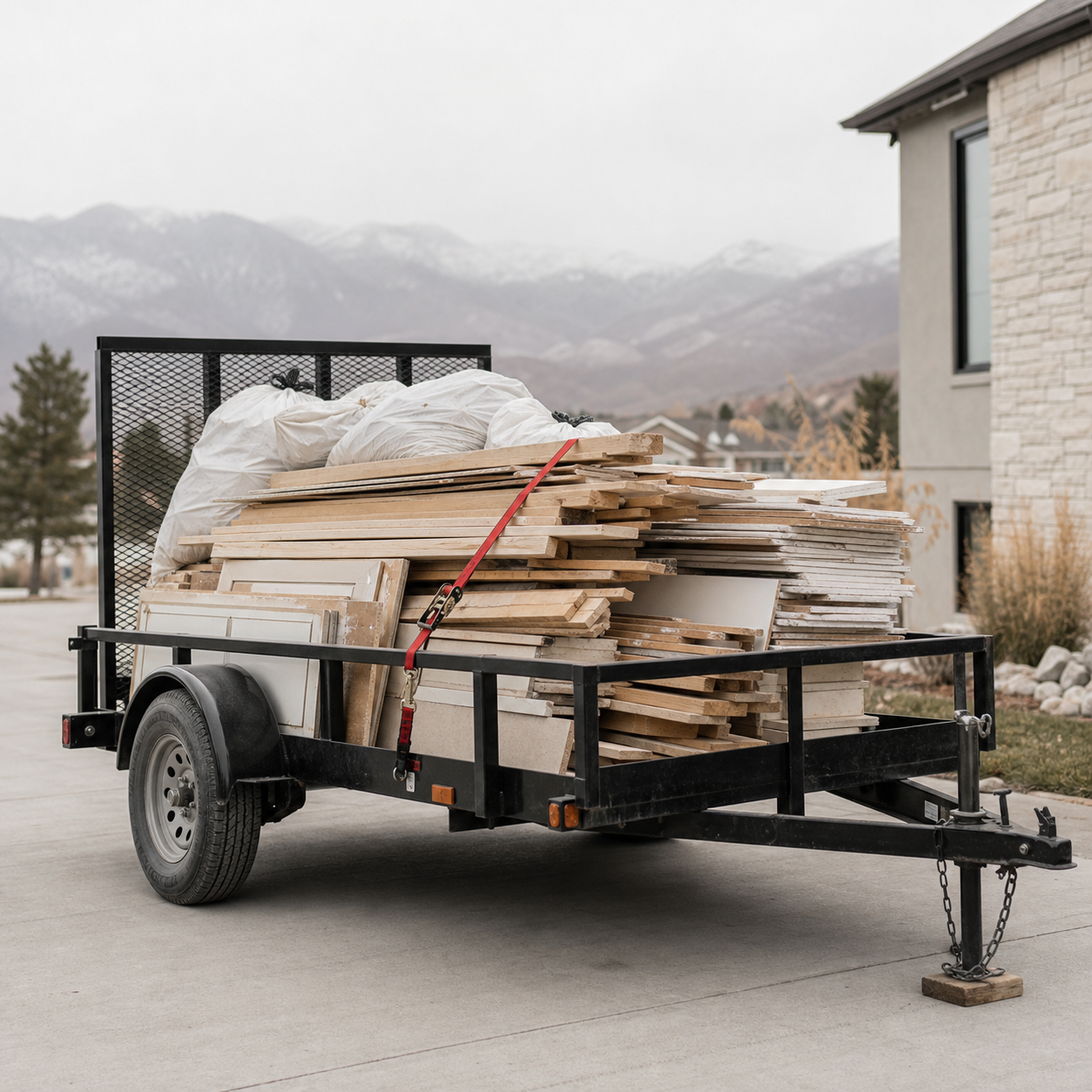 Construction debris stacked neatly on a utility trailer